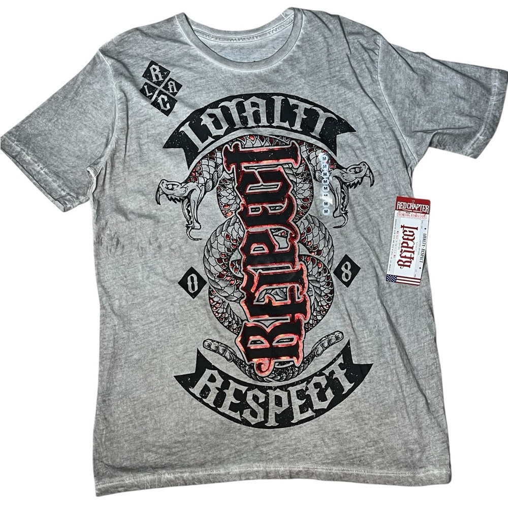 Grey Red Chapter graphic acid wash tee with bold "Loyalty Respect" design